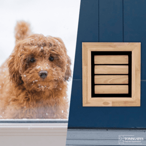 Cockapoo with oak dog door installed in blue PVC door - Tomsgates