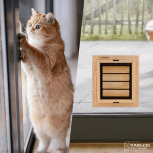 Cat flap installed in double insulated glass of a sliding window by Tomsgates. draught-free and burglar-proof